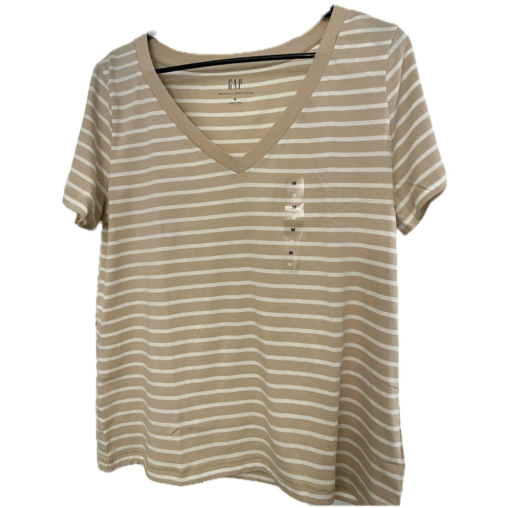 GAP Short Sleeve Vintage V-Neck Beige Stripe